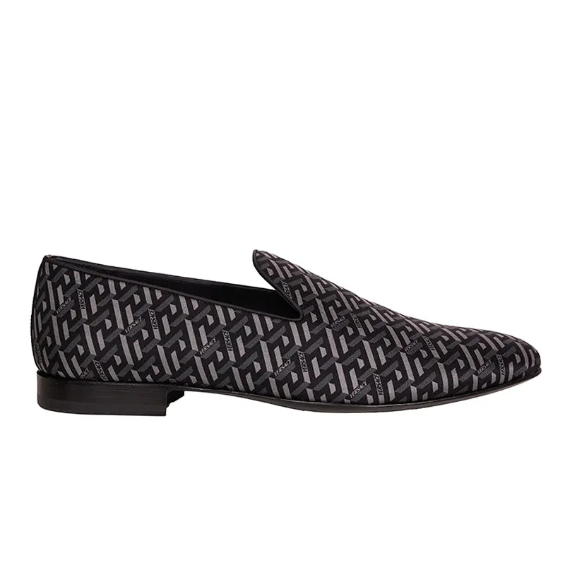 44 & 45 NEW $795 VERSACE Men's Black Grey LA GRECA LOGO Silk Twill SMOKING LOAFERS