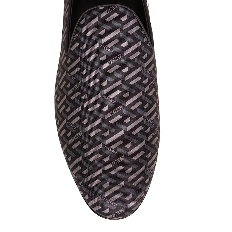 44 & 45 NEW $795 VERSACE Men's Black Grey LA GRECA LOGO Silk Twill SMOKING LOAFERS