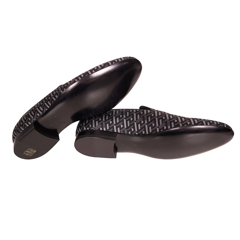 44 & 45 NEW $795 VERSACE Men's Black Grey LA GRECA LOGO Silk Twill SMOKING LOAFERS