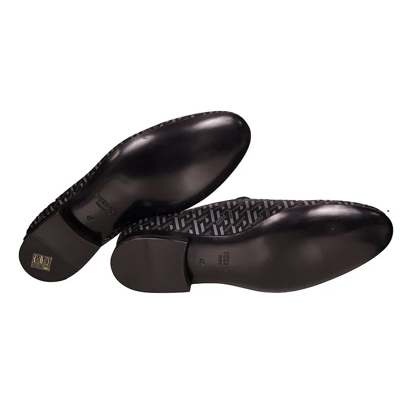 44 & 45 NEW $795 VERSACE Men's Black Grey LA GRECA LOGO Silk Twill SMOKING LOAFERS