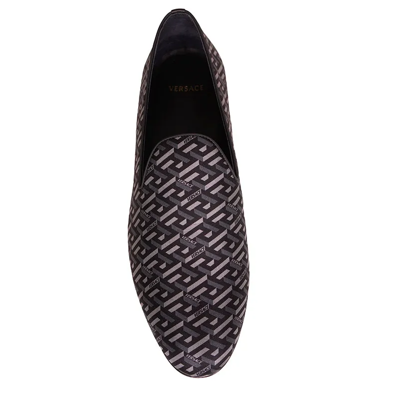 44 & 45 NEW $795 VERSACE Men's Black Grey LA GRECA LOGO Silk Twill SMOKING LOAFERS