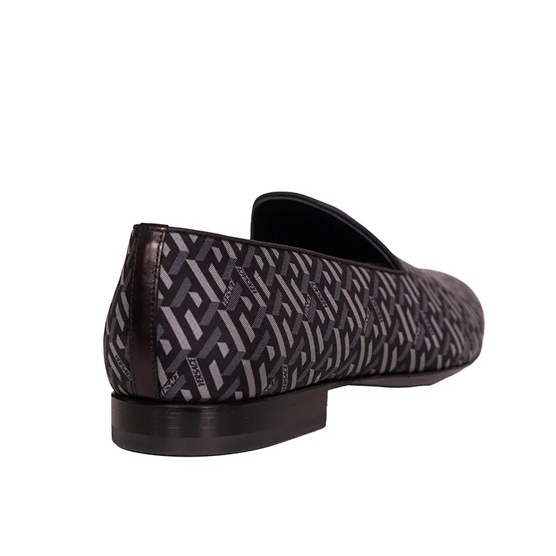 44 & 45 NEW $795 VERSACE Men's Black Grey LA GRECA LOGO Silk Twill SMOKING LOAFERS
