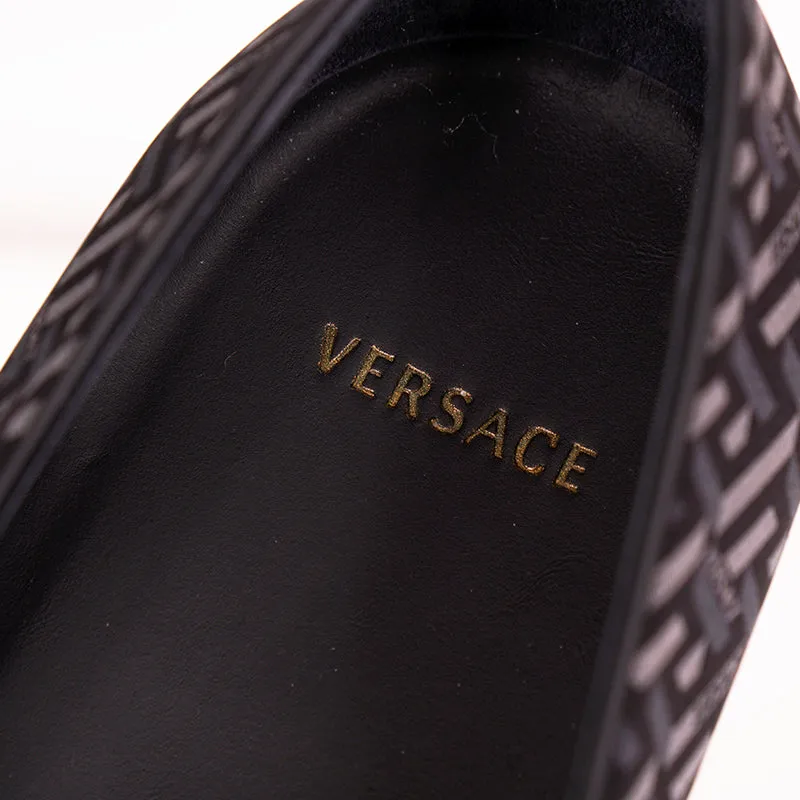 44 & 45 NEW $795 VERSACE Men's Black Grey LA GRECA LOGO Silk Twill SMOKING LOAFERS
