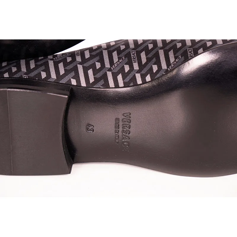 44 & 45 NEW $795 VERSACE Men's Black Grey LA GRECA LOGO Silk Twill SMOKING LOAFERS
