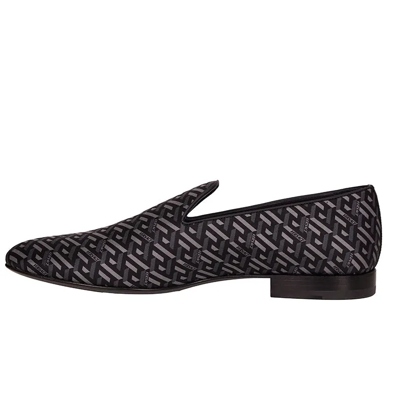 44 & 45 NEW $795 VERSACE Men's Black Grey LA GRECA LOGO Silk Twill SMOKING LOAFERS