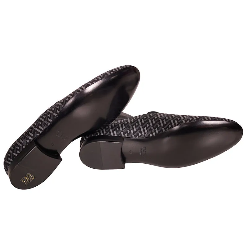 44 & 45 NEW $795 VERSACE Men's Black Grey LA GRECA LOGO Silk Twill SMOKING LOAFERS