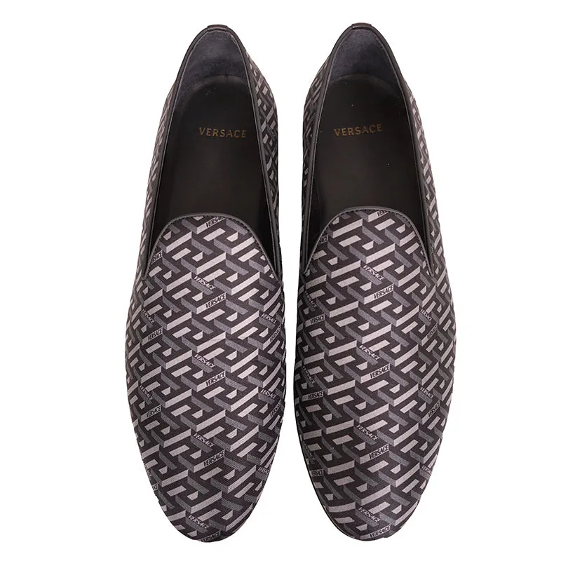 44 & 45 NEW $795 VERSACE Men's Black Grey LA GRECA LOGO Silk Twill SMOKING LOAFERS