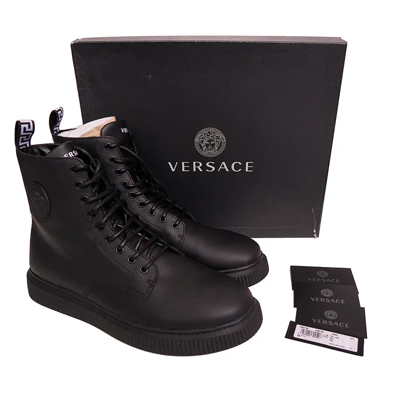45 NEW $1050 VERSACE Men's Black Leather LOGO COMBAT SNEAKER ANKLE BOOTS