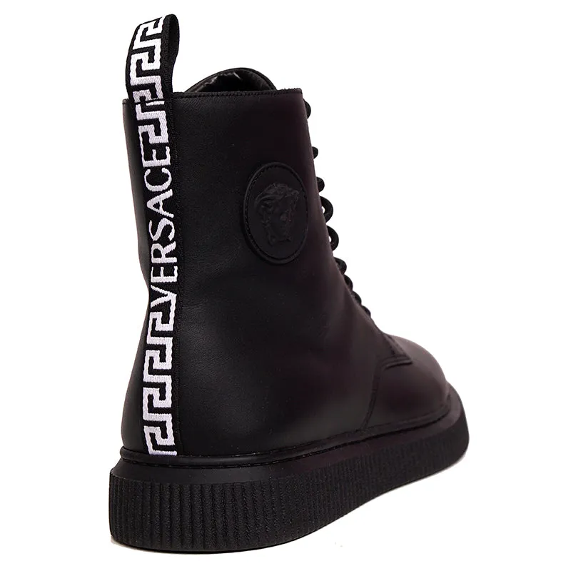 45 NEW $1050 VERSACE Men's Black Leather LOGO COMBAT SNEAKER ANKLE BOOTS