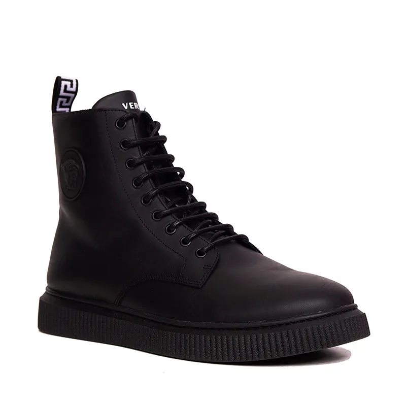45 NEW $1050 VERSACE Men's Black Leather LOGO COMBAT SNEAKER ANKLE BOOTS