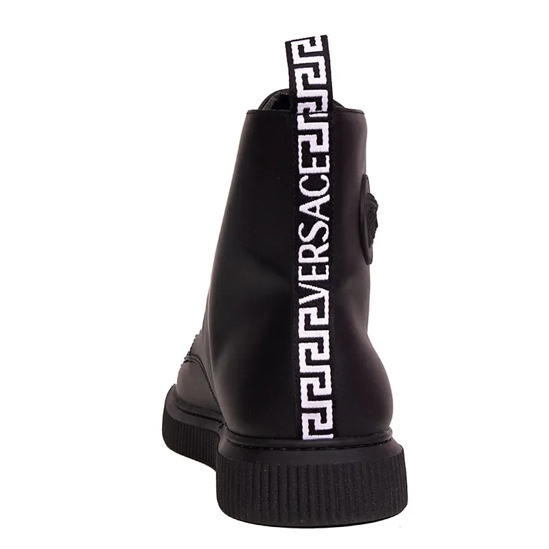 45 NEW $1050 VERSACE Men's Black Leather LOGO COMBAT SNEAKER ANKLE BOOTS