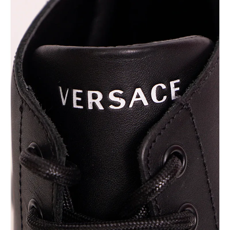 45 NEW $1050 VERSACE Men's Black Leather LOGO COMBAT SNEAKER ANKLE BOOTS