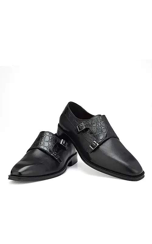 Black Croco Textured Monk Straps