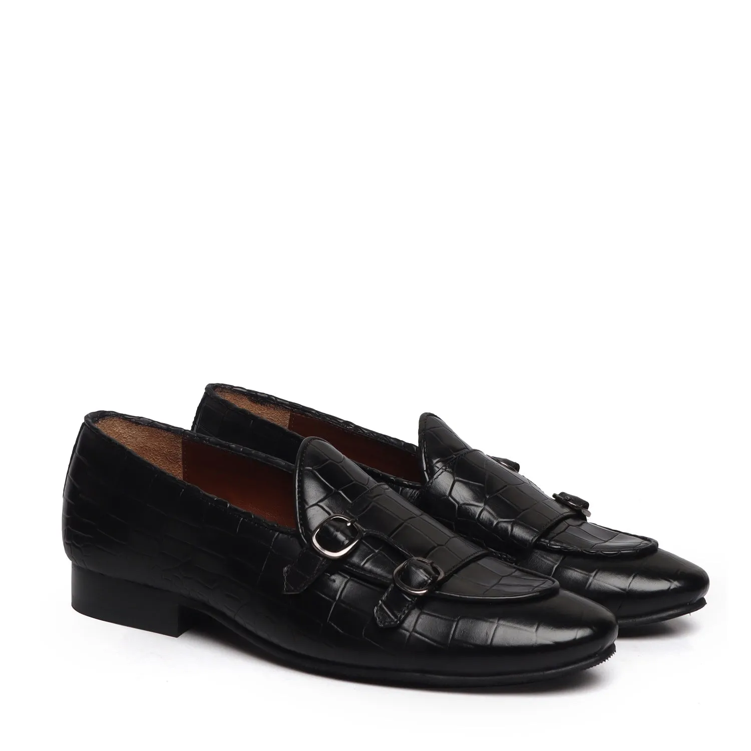 Black Double Monk Strap Deep Cut Leather Slip-On Leather By Brune & Bareskin