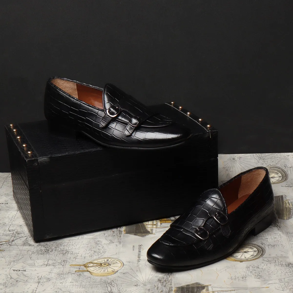 Black Double Monk Strap Deep Cut Leather Slip-On Leather By Brune & Bareskin