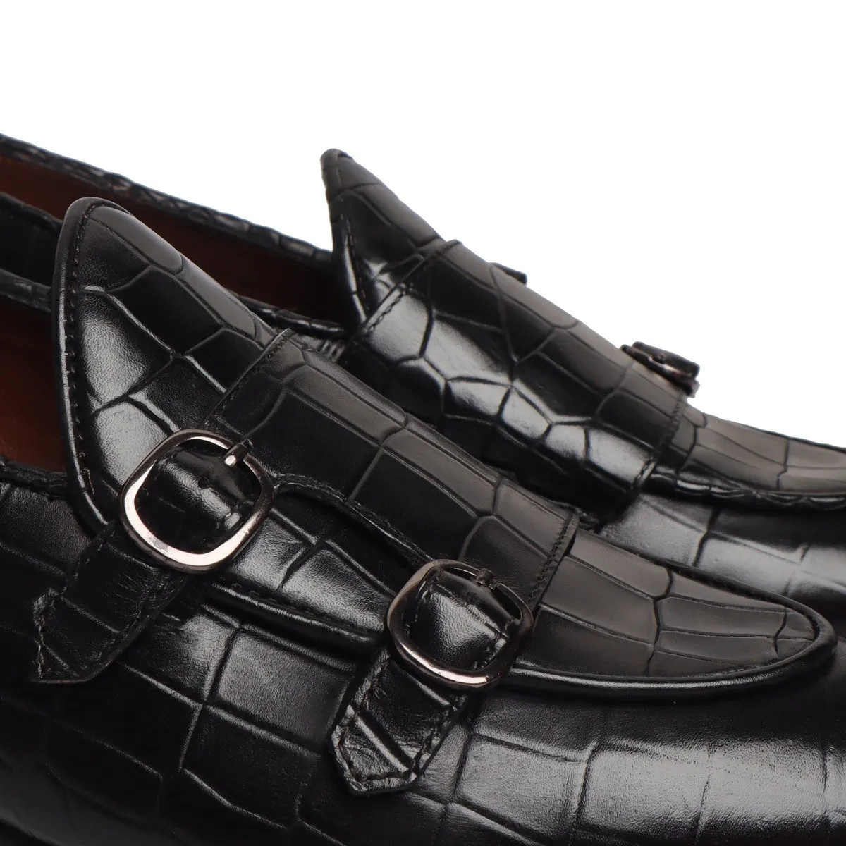 Black Double Monk Strap Deep Cut Leather Slip-On Leather By Brune & Bareskin