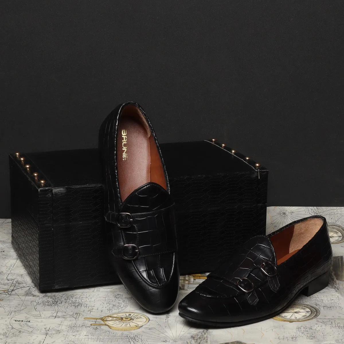 Black Double Monk Strap Deep Cut Leather Slip-On Leather By Brune & Bareskin