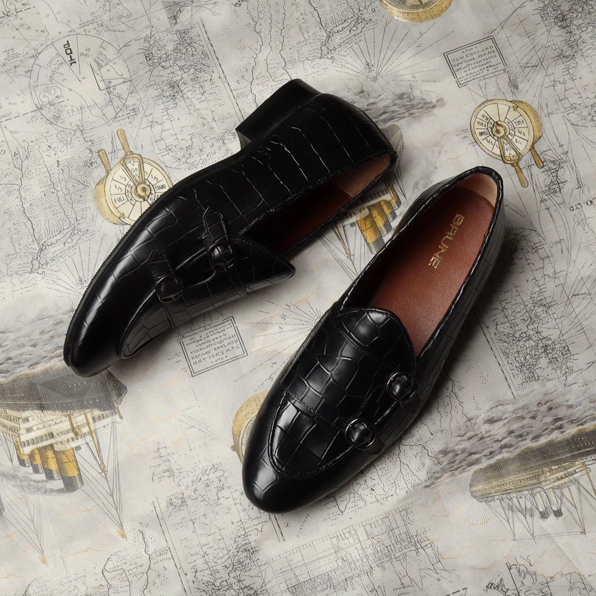 Black Double Monk Strap Deep Cut Leather Slip-On Leather By Brune & Bareskin