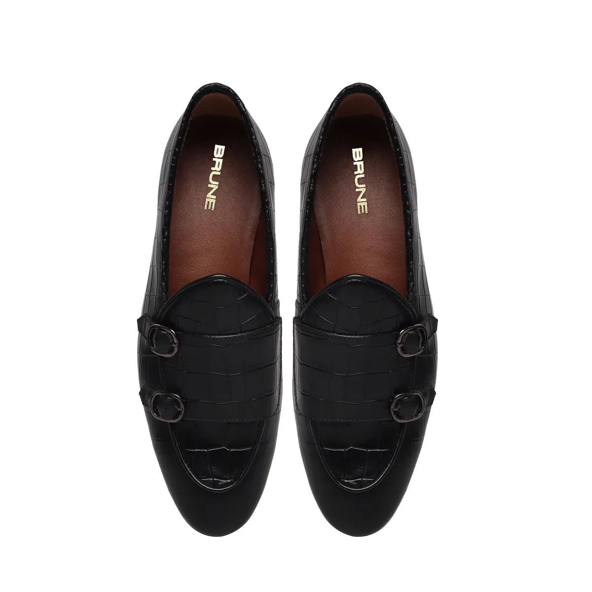 Black Double Monk Strap Deep Cut Leather Slip-On Leather By Brune & Bareskin