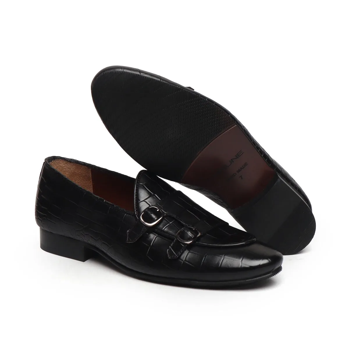 Black Double Monk Strap Deep Cut Leather Slip-On Leather By Brune & Bareskin