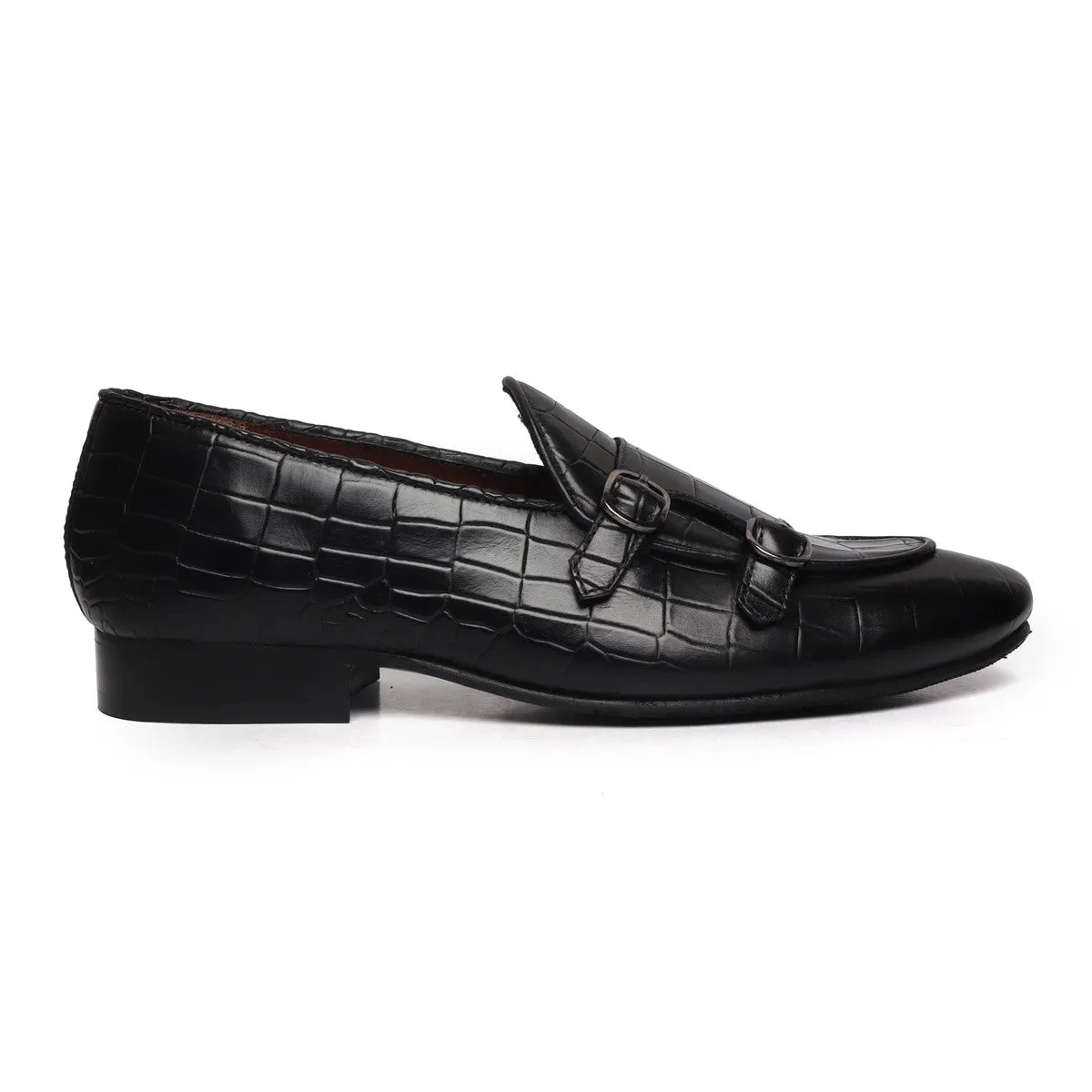 Black Double Monk Strap Deep Cut Leather Slip-On Leather By Brune & Bareskin