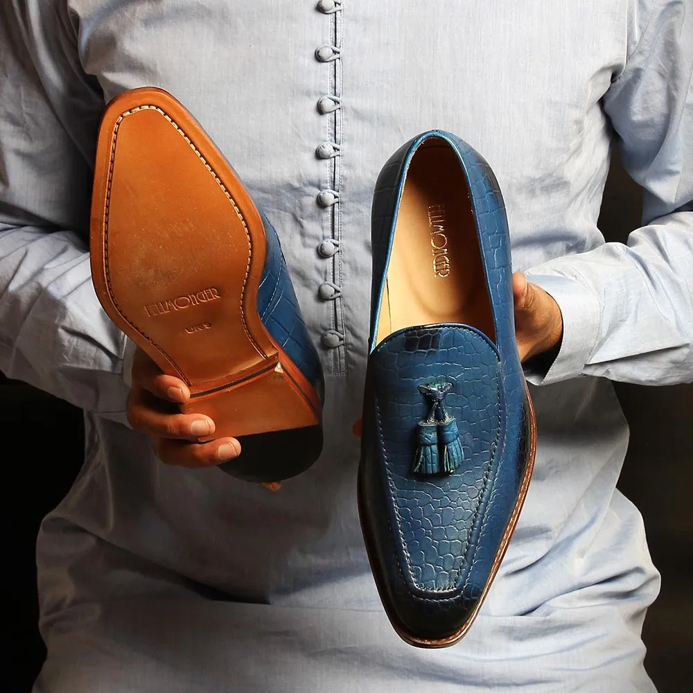 Blue Croco Tassel Loafers