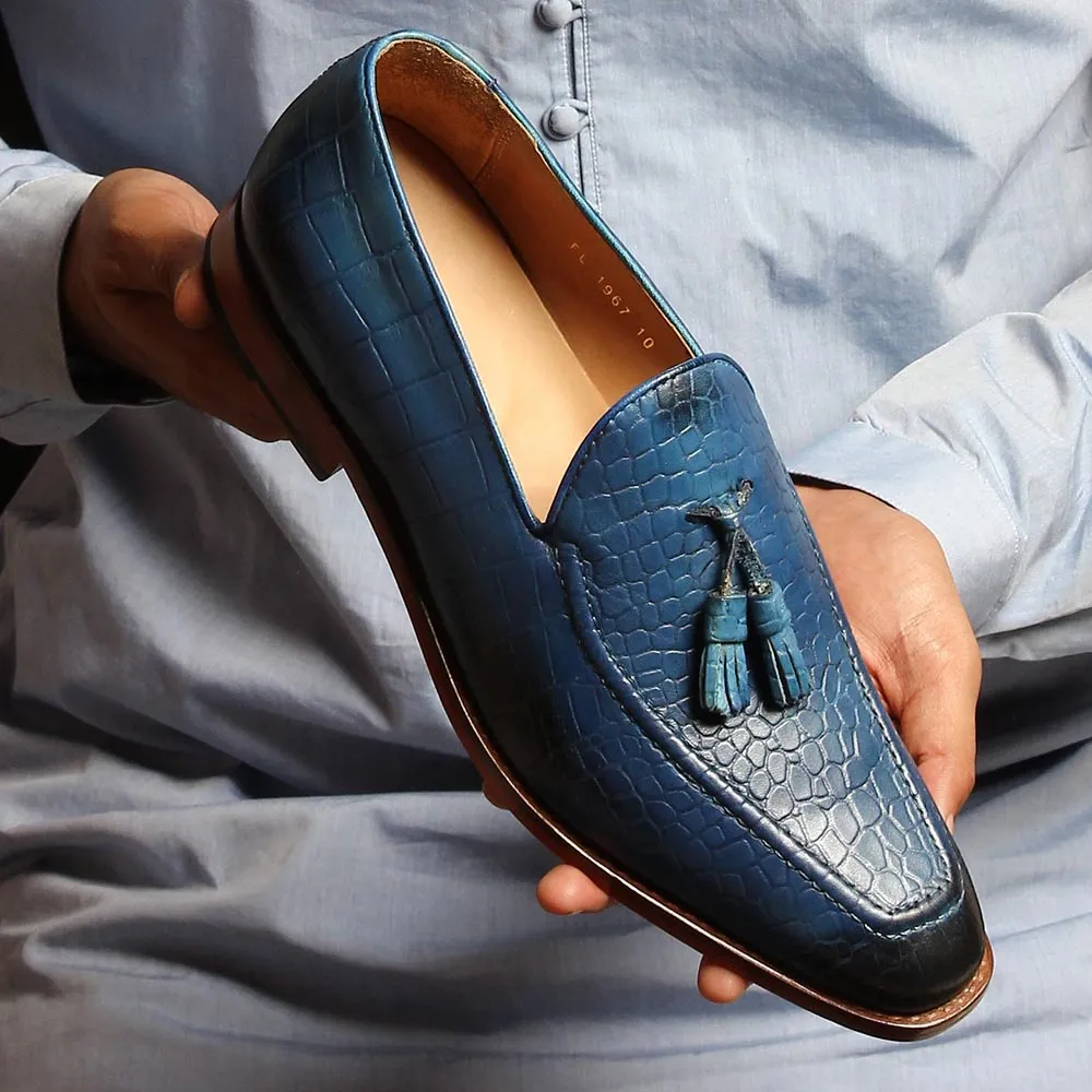 Blue Croco Tassel Loafers