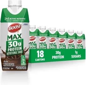BOOST Max Protein Shakes Ready to Drink, 30g Protein, 1g Sugar, Rich Chocolate, 11 fl oz, 325 mL, 18 Carton Pack