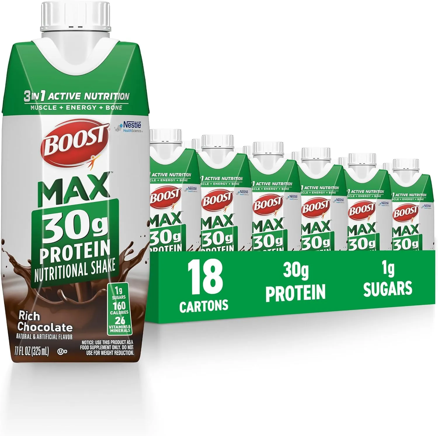 BOOST Max Protein Shakes Ready to Drink, 30g Protein, 1g Sugar, Rich Chocolate, 11 fl oz, 325 mL, 18 Carton Pack