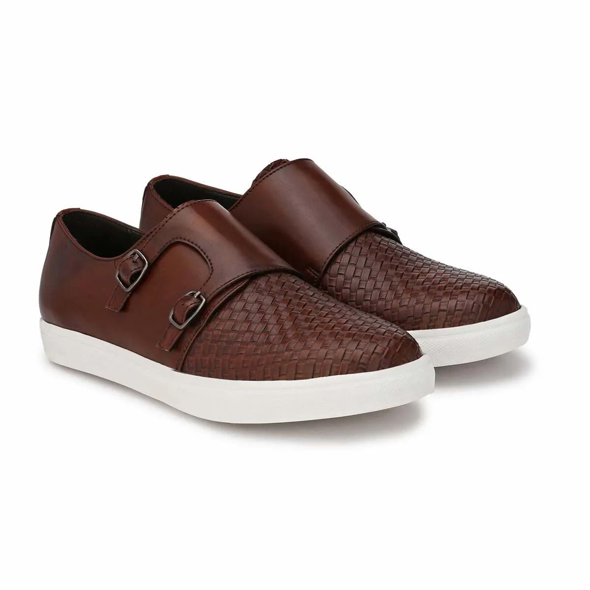 Brown Basketweave Double Monk Sneakers