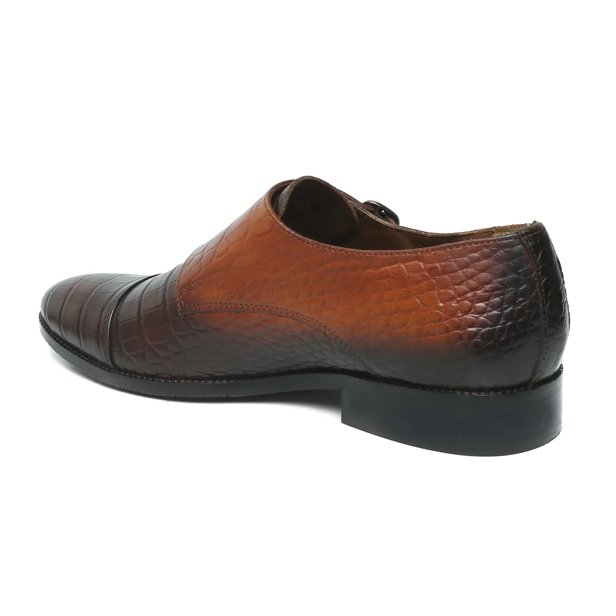Dual Shade Tan-Brown Croco Leather Double Monk Shoes By Brune & Bareskin