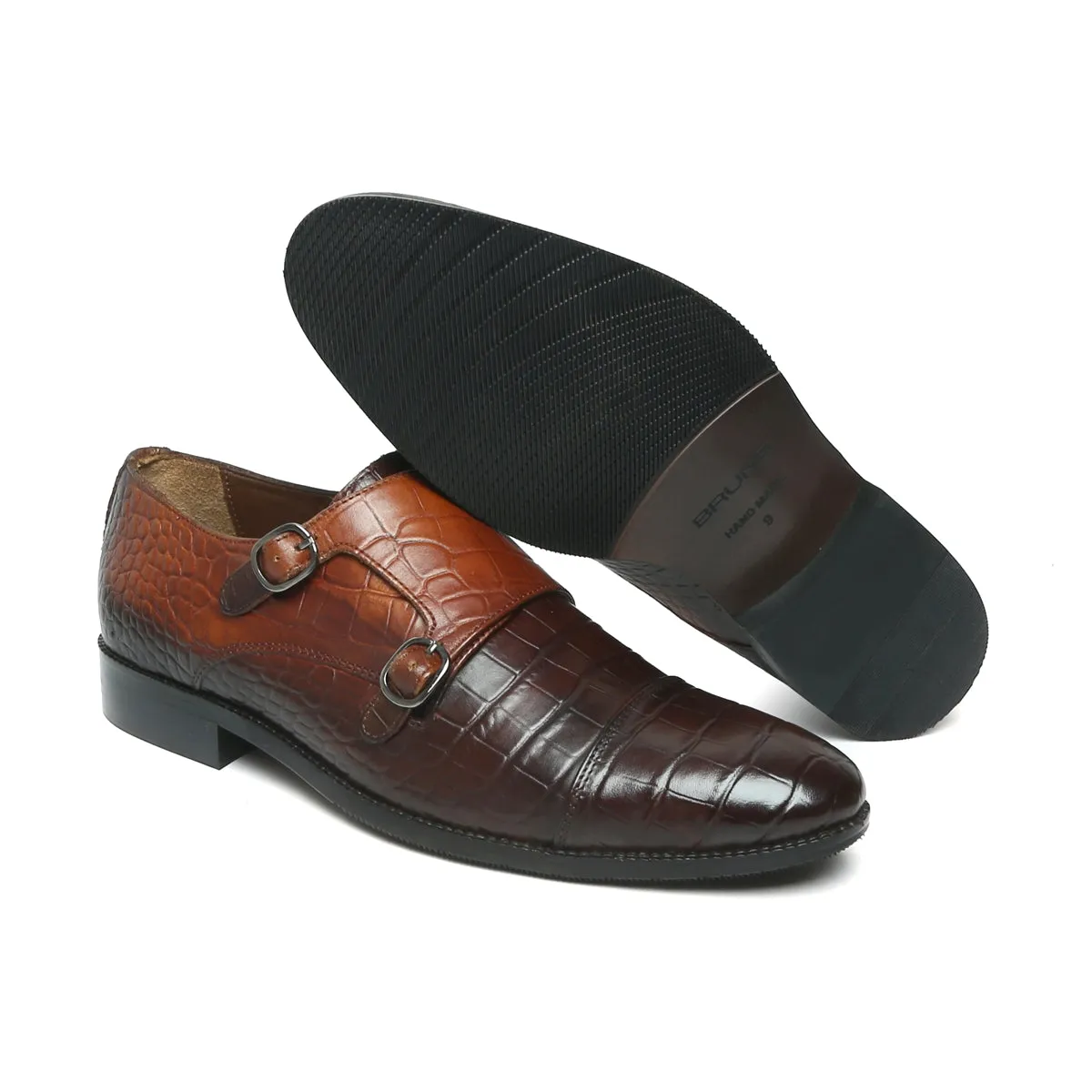 Dual Shade Tan-Brown Croco Leather Double Monk Shoes By Brune & Bareskin