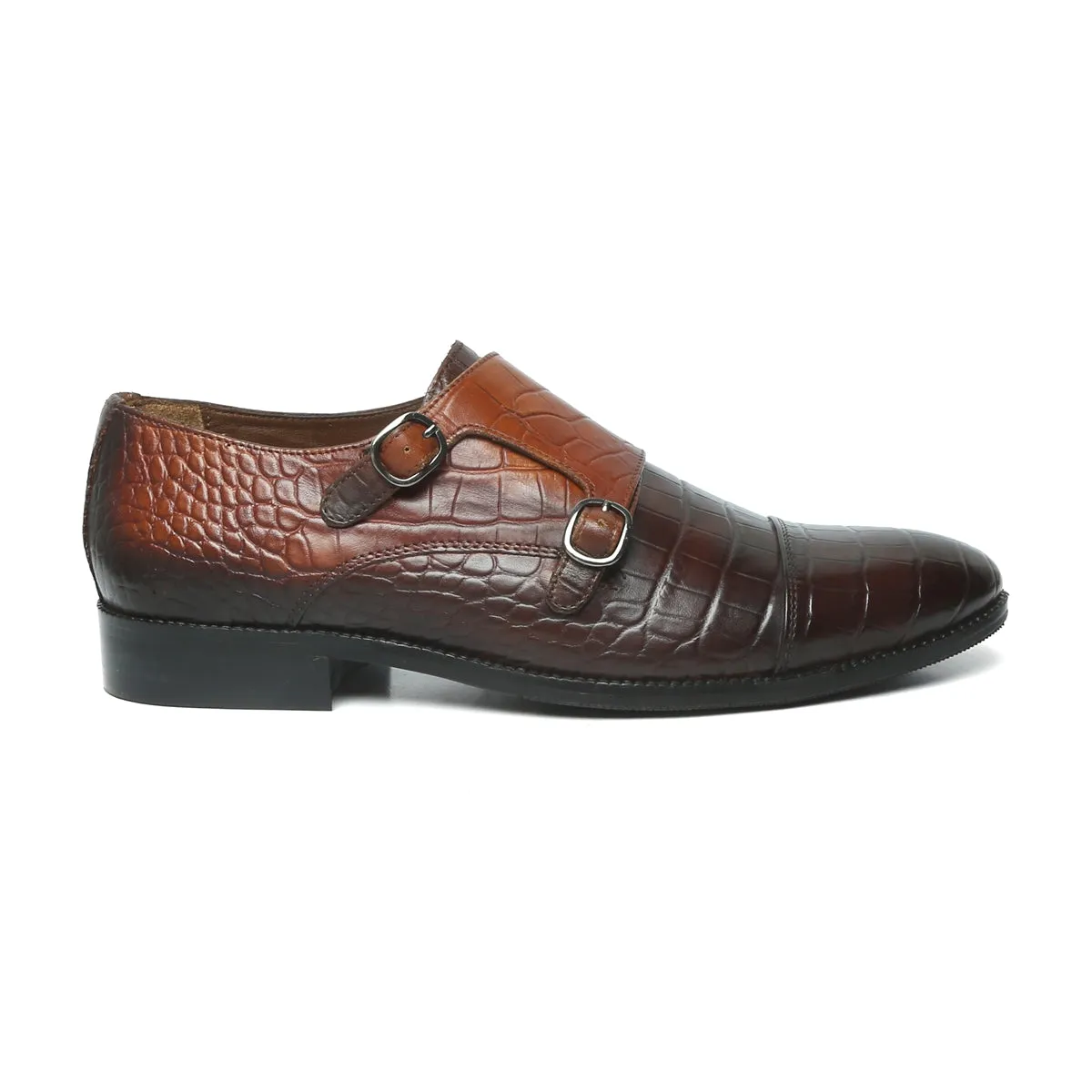 Dual Shade Tan-Brown Croco Leather Double Monk Shoes By Brune & Bareskin