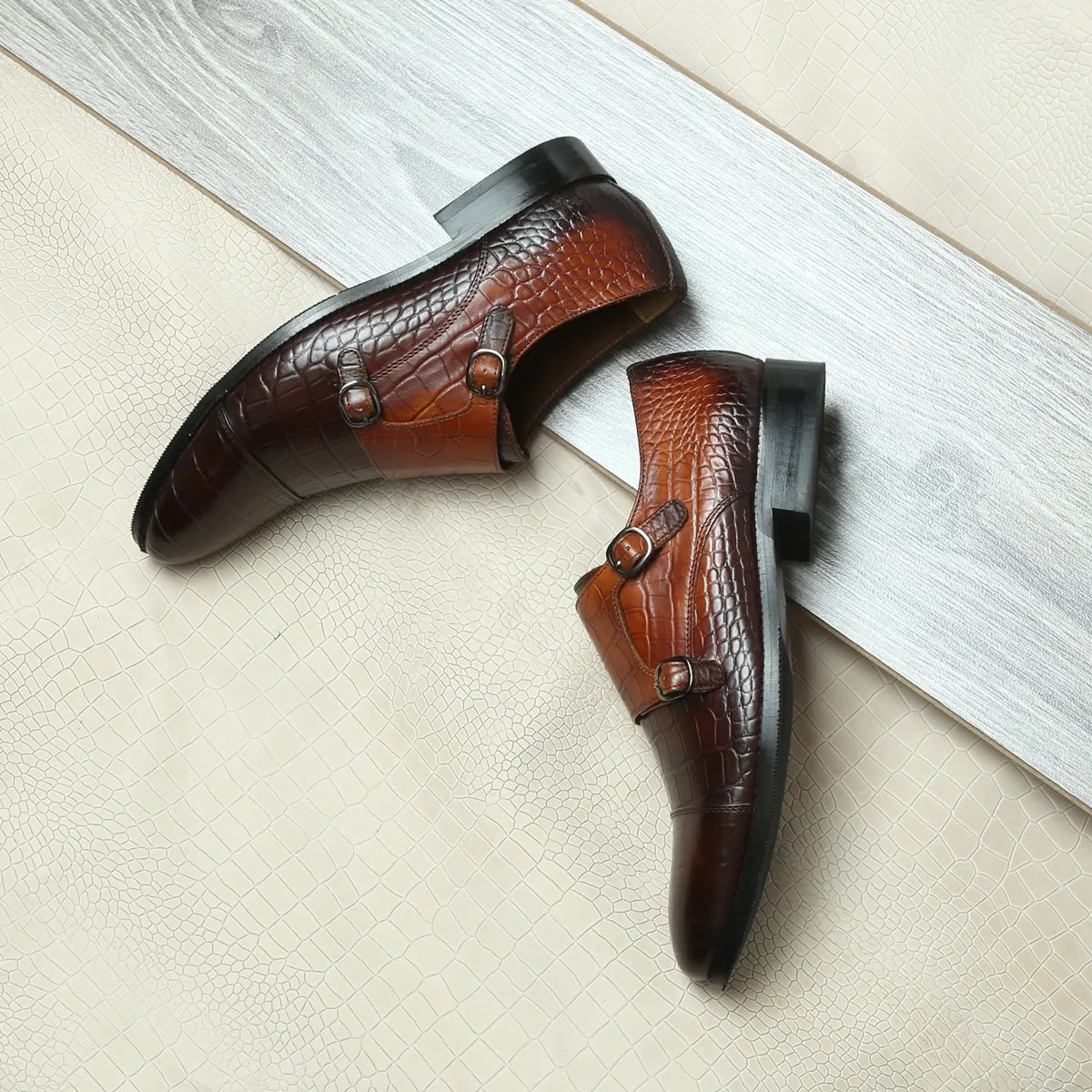 Dual Shade Tan-Brown Croco Leather Double Monk Shoes By Brune & Bareskin