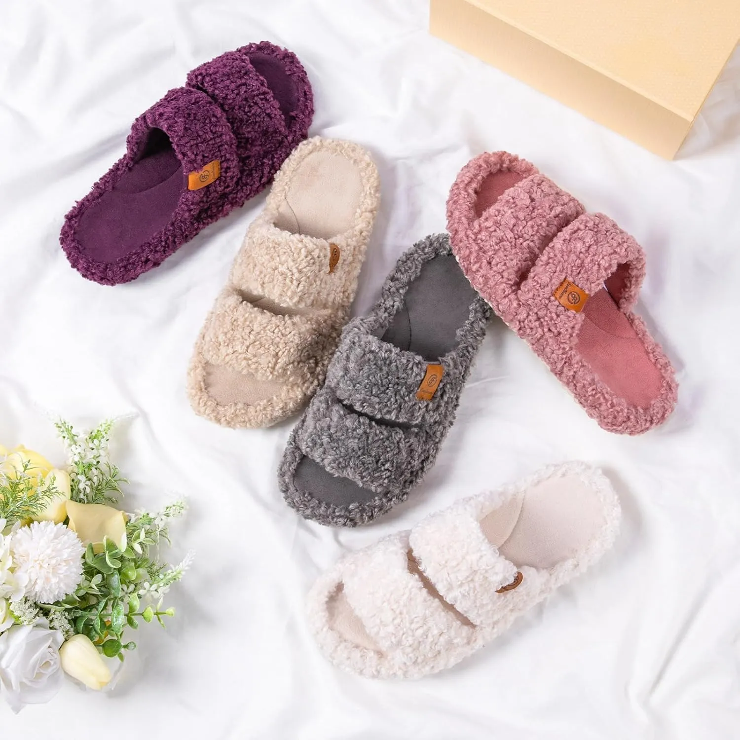 EverFoams Womens Fuzzy Open-toe Slippers Soft Comfy Memory Foam Indoor House Shoes