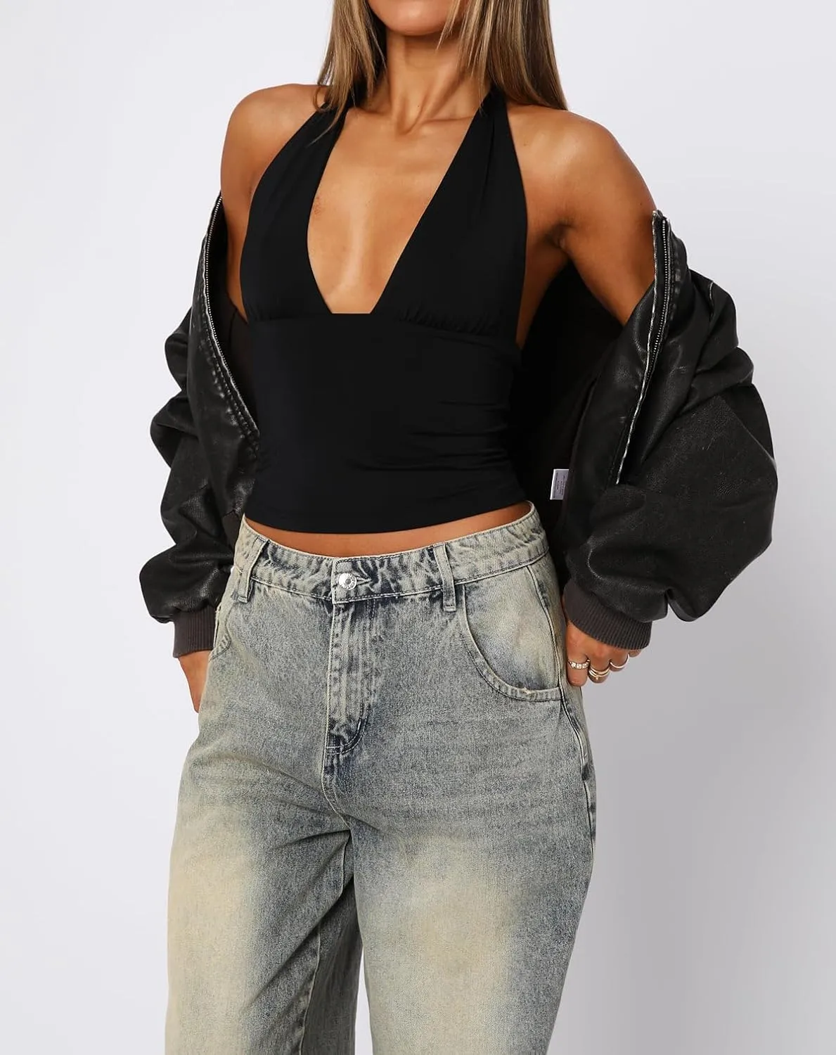 ForeFair Women Sexy Halter Deep V Neck Backless Crop Tank Top Open Back Sleeveless Slim Fit Y2k Summer Tops