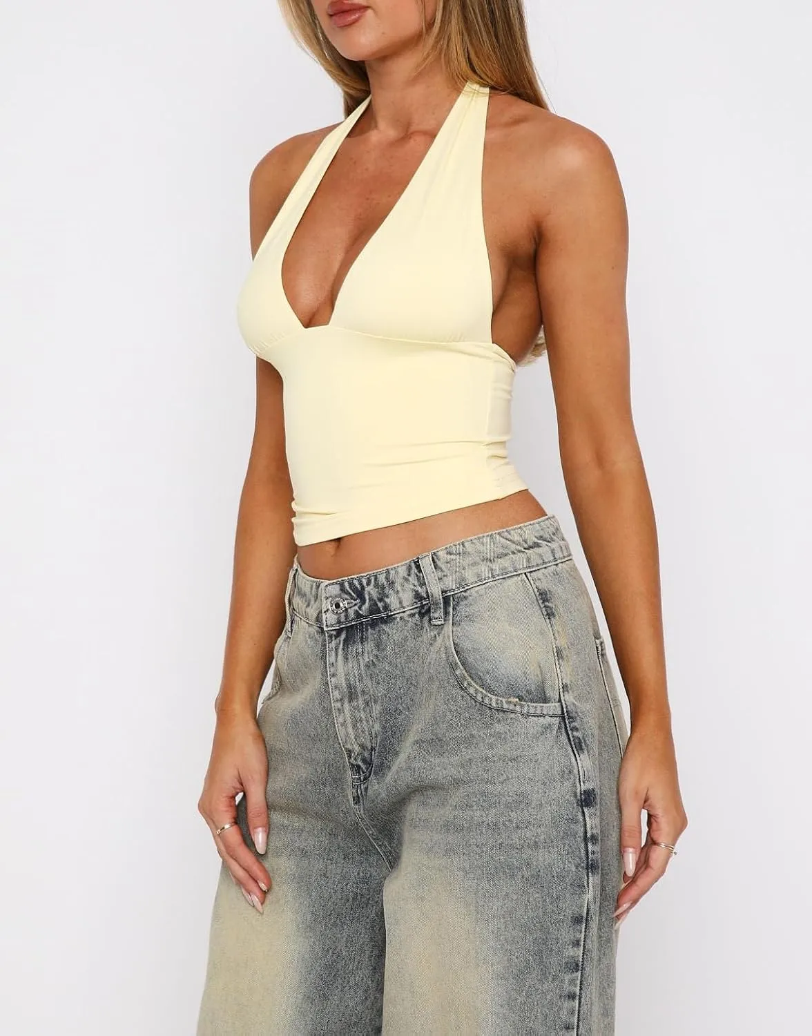 ForeFair Women Sexy Halter Deep V Neck Backless Crop Tank Top Open Back Sleeveless Slim Fit Y2k Summer Tops