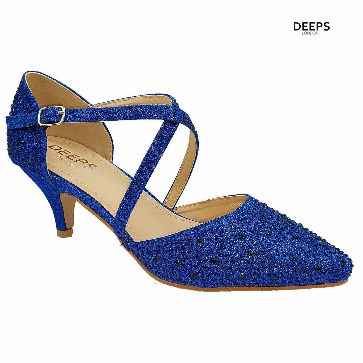 ILLUMINATE WOMENS LOW MID KITTEN HEEL SPARKLY DIAMANTE ANKLE STRAPS COURT SHOES SANDALS