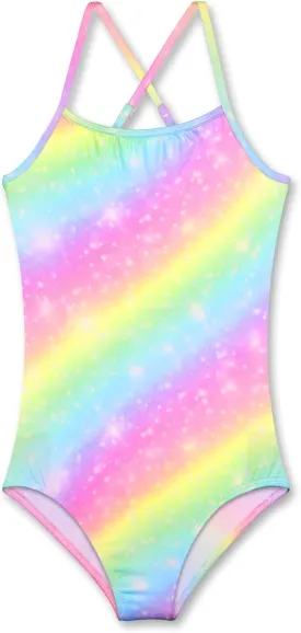 KSK KAISHEK Girls' Sparkle One-Piece Swimsuit 4-12Y Adjustable Crossback Straps Shimmer Bathing Suit for Beach Pool