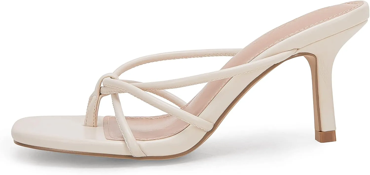 LAICIGO Women??s Square Open Toe Flip Flops Stiletto Heels Strappy Thong Slide on Slingback Mules Sandals