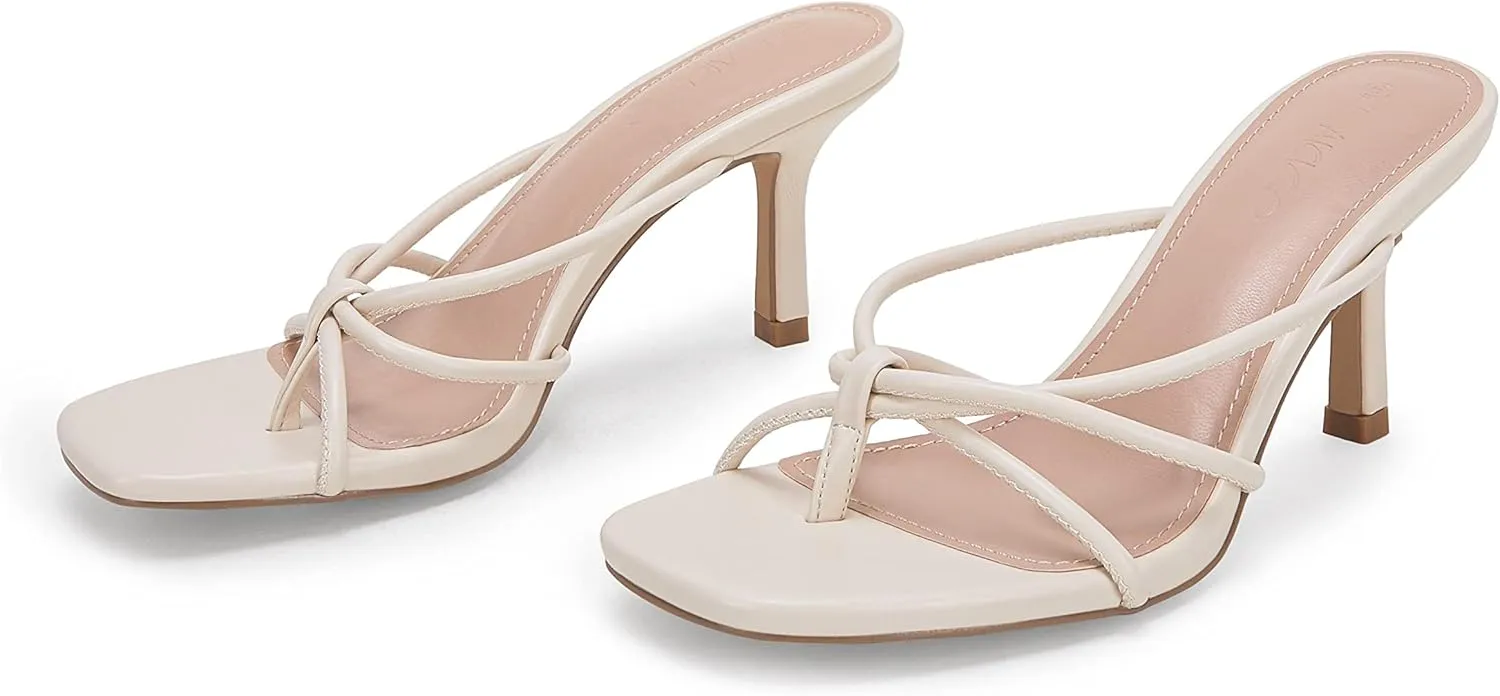 LAICIGO Women??s Square Open Toe Flip Flops Stiletto Heels Strappy Thong Slide on Slingback Mules Sandals