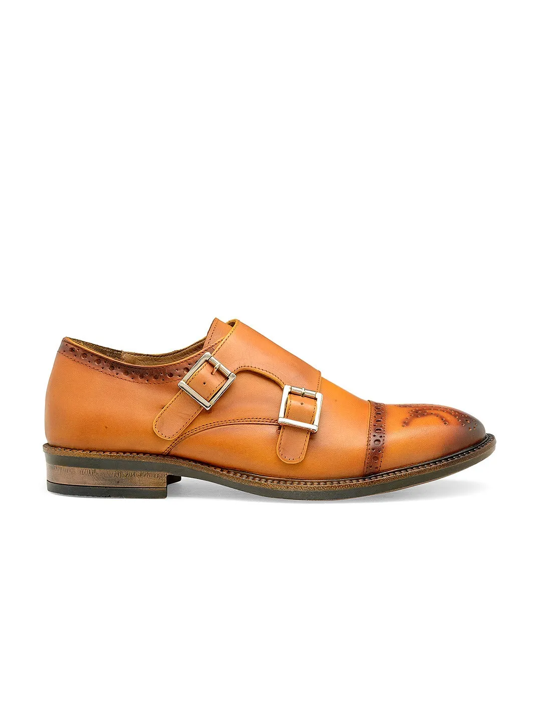 Men Tan Brown Solid Leather Round Toe Formal Monks
