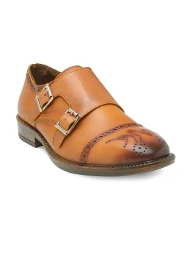 Men Tan Brown Solid Leather Round Toe Formal Monks
