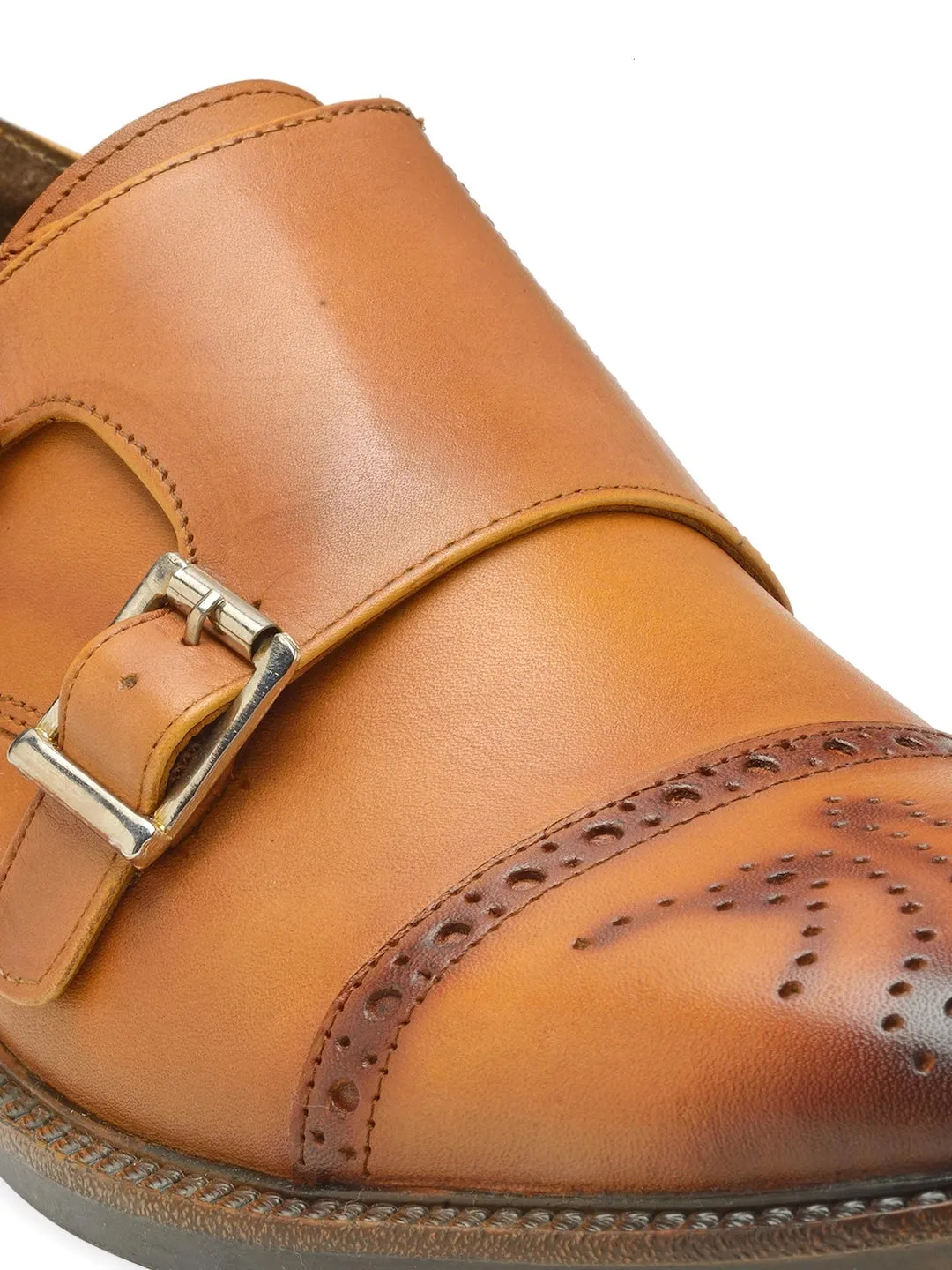 Men Tan Brown Solid Leather Round Toe Formal Monks