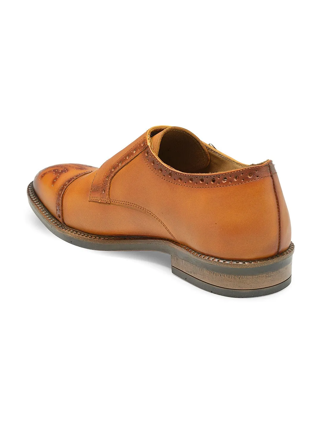 Men Tan Brown Solid Leather Round Toe Formal Monks