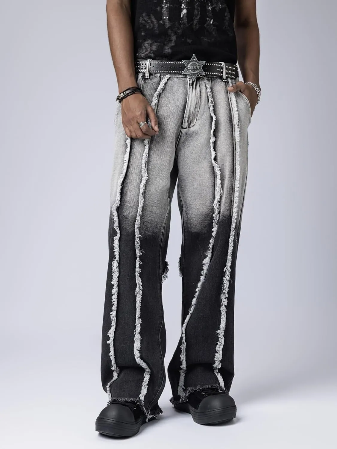 Mens Baggy Jeans Street Rock Style Fringe Frayed Edges Jeans Patchwork Wide Leg Skater Denim Pant