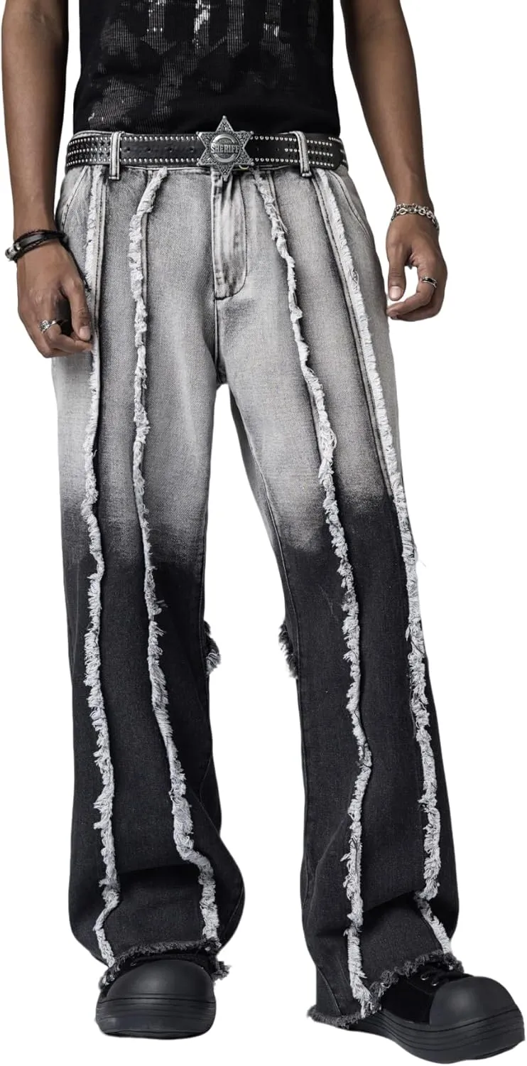 Mens Baggy Jeans Street Rock Style Fringe Frayed Edges Jeans Patchwork Wide Leg Skater Denim Pant