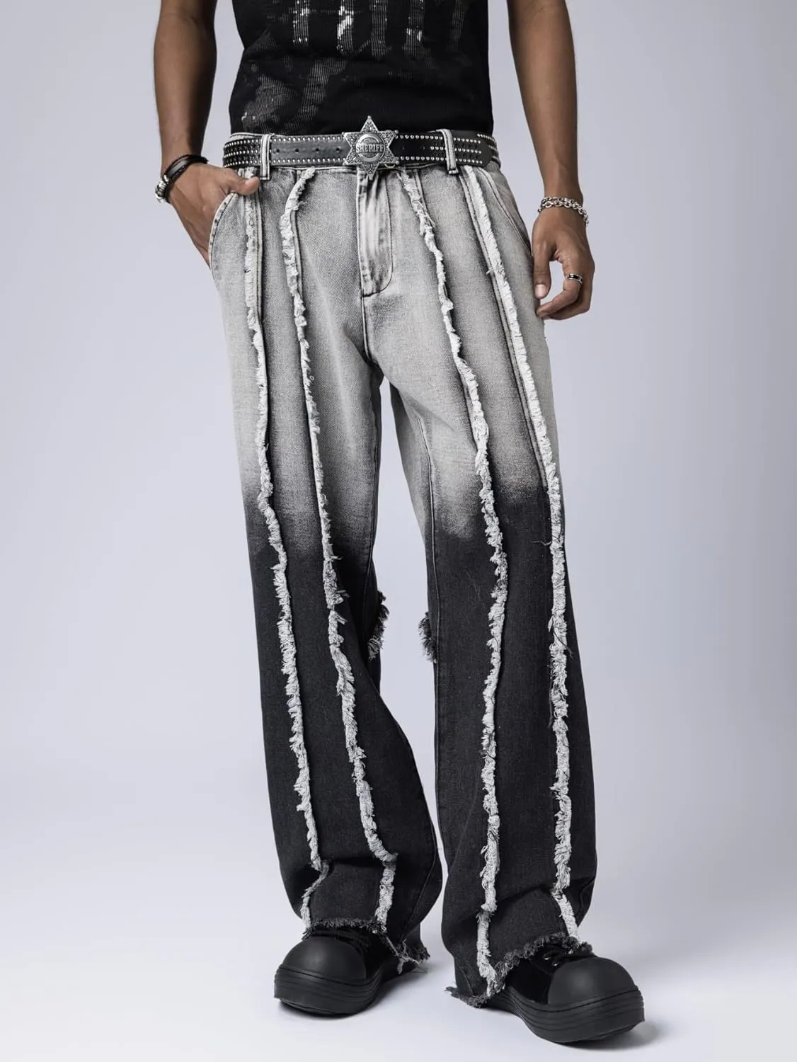 Mens Baggy Jeans Street Rock Style Fringe Frayed Edges Jeans Patchwork Wide Leg Skater Denim Pant