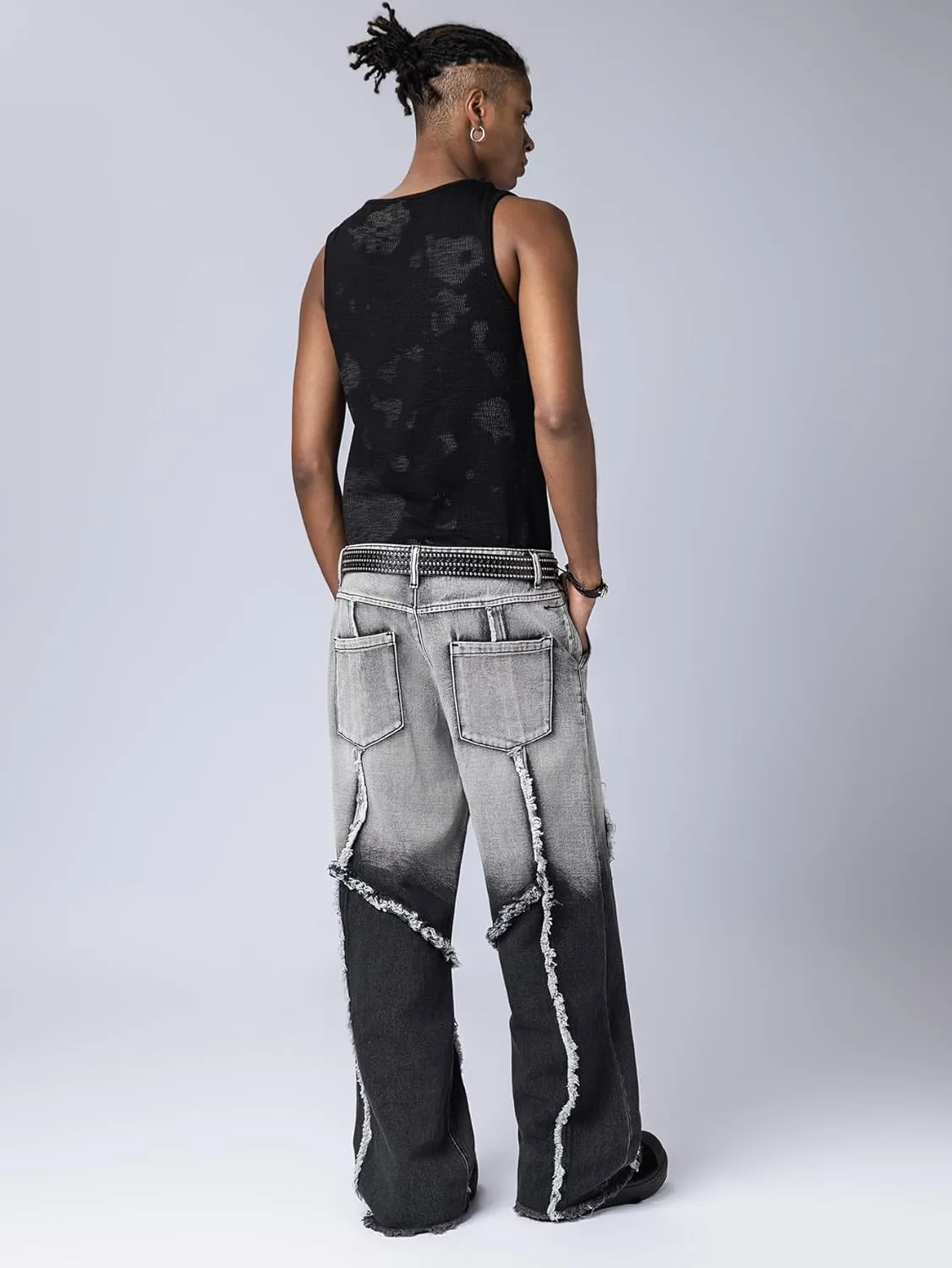 Mens Baggy Jeans Street Rock Style Fringe Frayed Edges Jeans Patchwork Wide Leg Skater Denim Pant