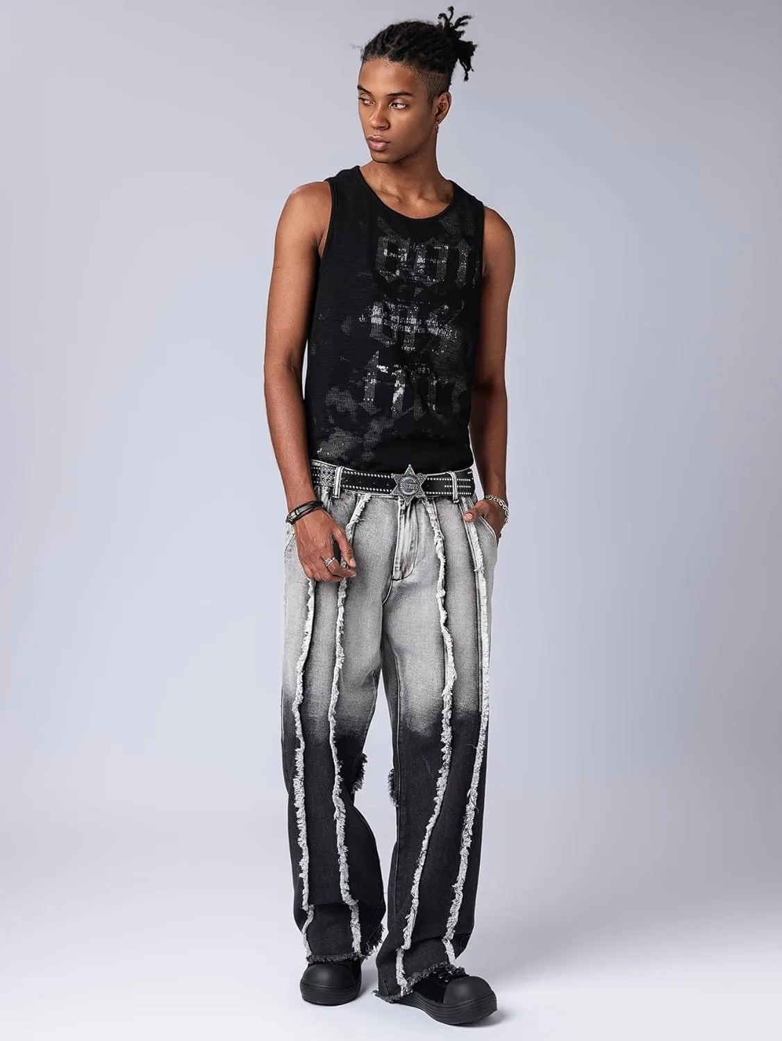 Mens Baggy Jeans Street Rock Style Fringe Frayed Edges Jeans Patchwork Wide Leg Skater Denim Pant